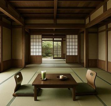 伝統的な旅館の広い和室と坪庭 伝統的な旅館の広い和室と坪庭の写真