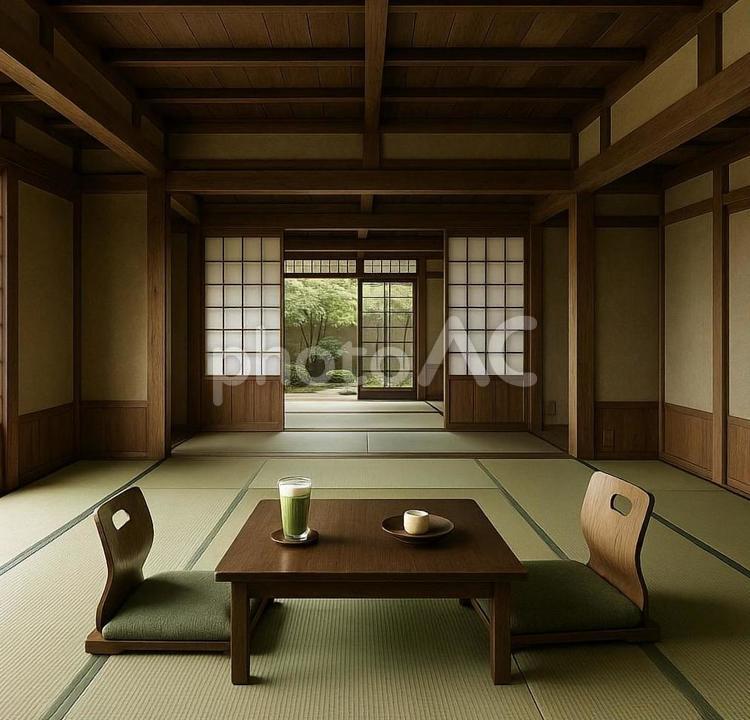 伝統的な旅館の広い和室と坪庭 和室,畳,座椅子の写真素材