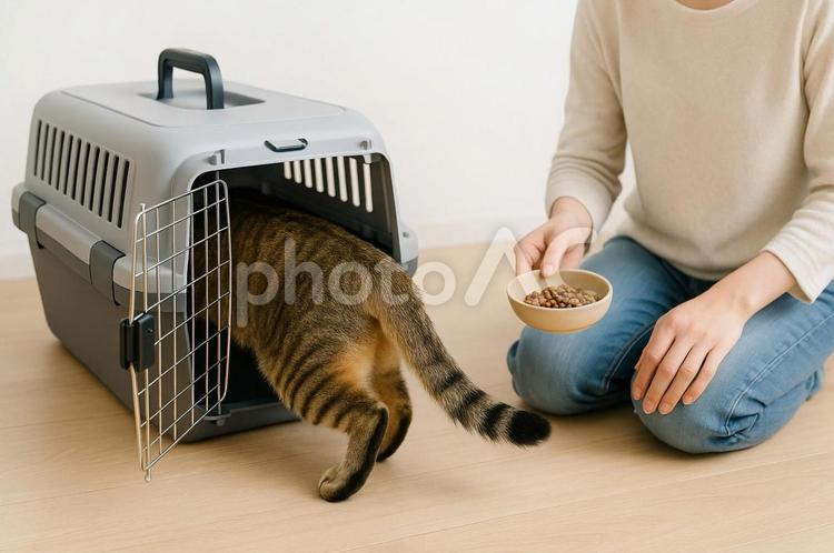 猫のクレートトレーニング 猫,ペットキャリー,クレートの写真素材