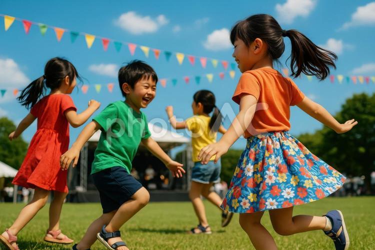 青空の下で踊る子どもたち フェス,子ども,踊るの写真素材
