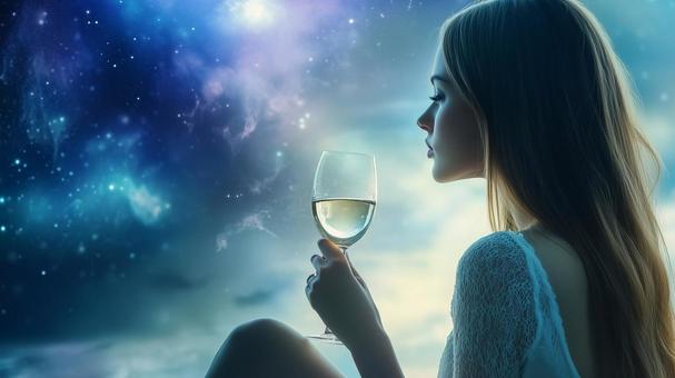 星空の下で白ワインを飲む女性 星空の下で白ワインを飲む女性の写真
