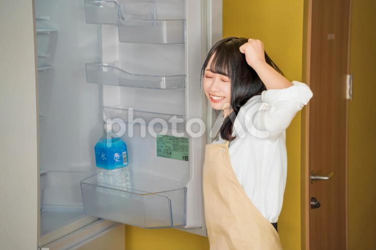 冷蔵庫に何もなくて頭を叩く女性 バレンタイン,バレンタインデー,チョコの写真素材