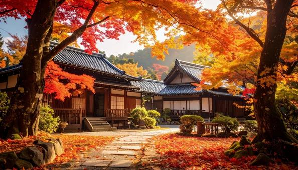 紅葉の秋の風景と日本家屋 紅葉の秋の風景と日本家屋の写真