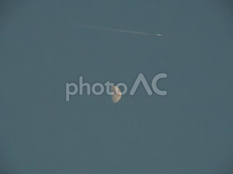 月と飛行機 空,月,鳥の写真素材