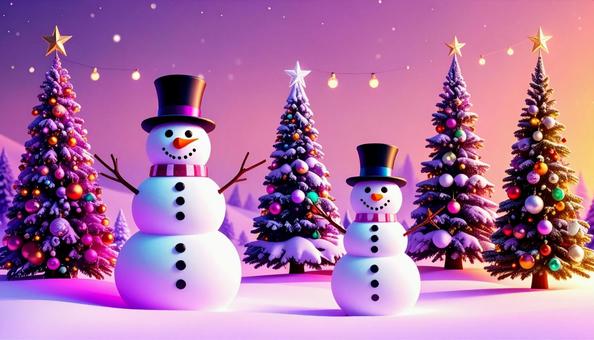 クリスマスツリーと雪だるまの背景素材 クリスマスツリーと雪だるまの背景素材の写真