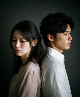 暗い背景と向き合わない二人の写真