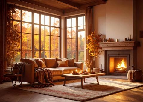 暖炉の前のソファとテーブル 暖炉の前のソファとテーブルの写真