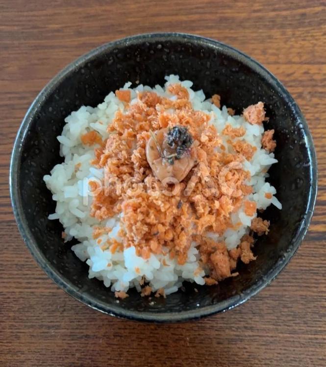 七分突き飯に鮭フレークとかつお梅の茶碗飯 茶碗飯,朝ご飯,七分突きの写真素材