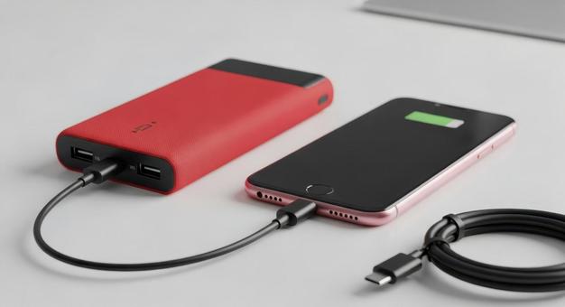 赤いモバイルバッテリーと充電中のスマホ 赤いモバイルバッテリーと充電中のスマホの写真