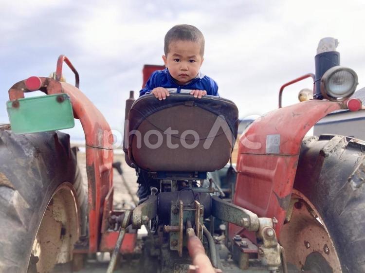 トラクターの後ろをのぞきこんでいる子ども 子ども,男の子,トラクターの写真素材