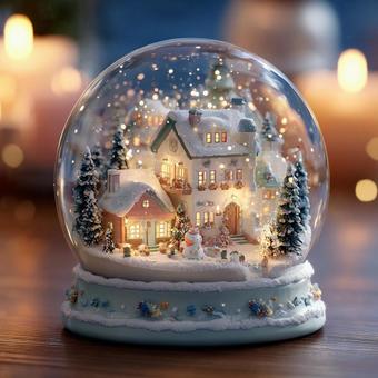 雪が積もった家が入ったスノードーム 雪が積もった家が入ったスノードームの写真