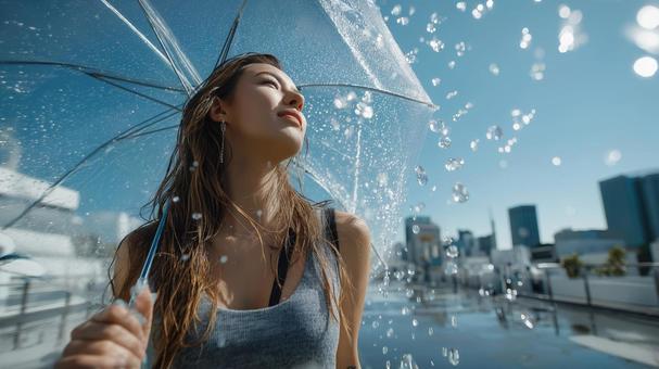 夏のゲリラ豪雨に佇む日本人女性 夏のゲリラ豪雨に佇む日本人女性の写真