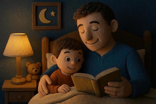 父親が息子に絵本を読み聞かせる夜の情景 父親が息子に絵本を読み聞かせる夜の情景の写真