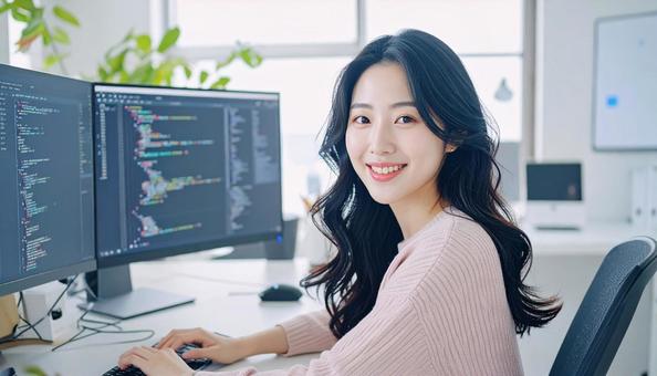 プログラミングをする女性エンジニア プログラミングをする女性エンジニアの写真