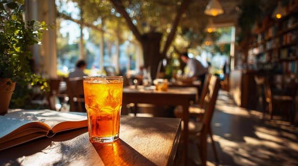 おしゃれなカフェで飲むアイスティーの写真