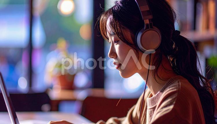 お気に入りの音楽を聴きながら勉強する女性 勉強,ノートパソコン,女性の写真素材