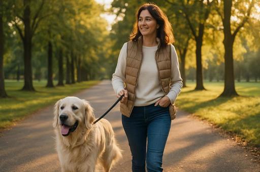 秋の並木道を散歩する女性と犬 秋の並木道を散歩する女性と犬の写真