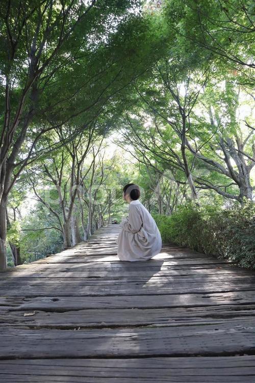 森の中に佇む女性 佇む,女性,森の写真素材