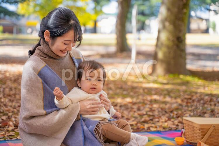 秋の公園で遊ぶ赤ちゃんとママ 赤ちゃん,抱っこ,ピクニックの写真素材