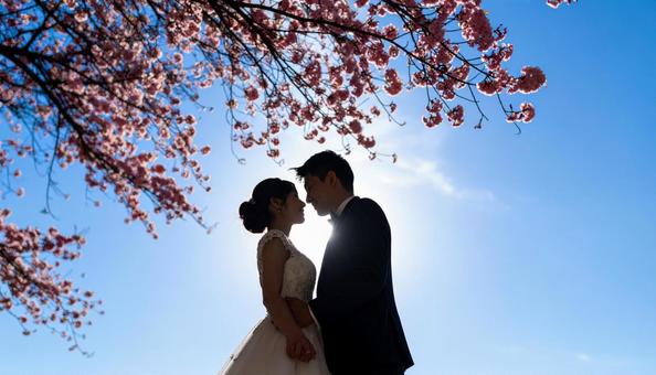 桜の木の下の花嫁と花婿 ウエディング 桜の木の下の花嫁と花婿 ウエディングの写真