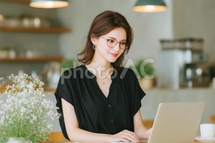 カフェでノートPCを使用して仕事中の女性 女性,美人,ノートパソコンの写真素材