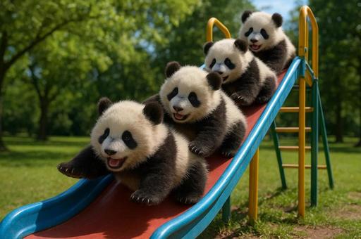 公園の滑り台で遊ぶパンダたち 公園の滑り台で遊ぶパンダたちの写真