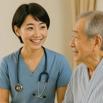 患者と会話する頼れる笑顔の似合う看護師 患者と会話する頼れる笑顔の似合う看護師の写真