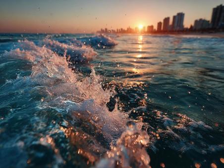 都会の景色と美しい水面のきらめき 都会の景色と美しい水面のきらめきの写真