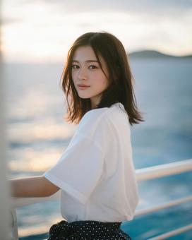 夕焼けの海辺に佇む女性 夕焼けの海辺に佇む女性の写真