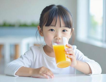 オレンジジュースを飲む子供 オレンジジュースを飲む子供の写真