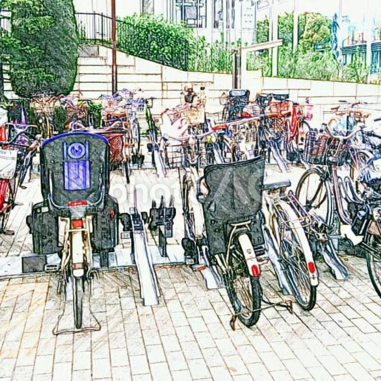 自転車置き場 自転車,駐輪場,買い物かごの写真素材