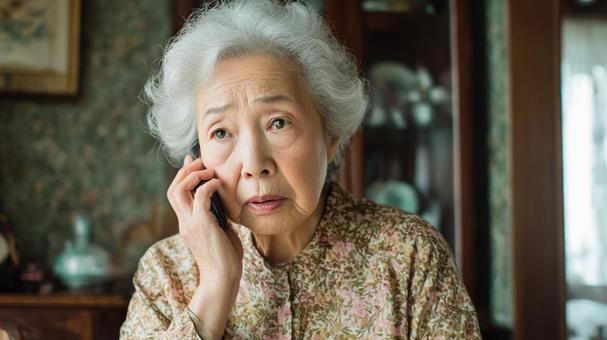 困惑した表情で電話をする高齢女性困惑5の写真