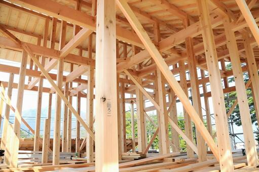 建築中　建て方　軸組 木材,住宅,足場の写真素材
