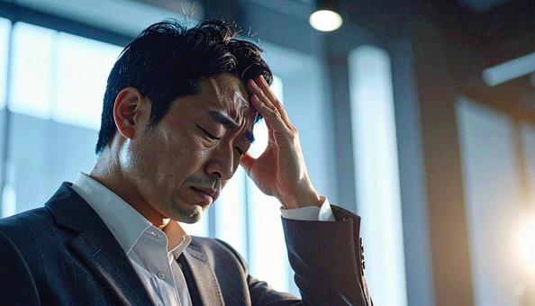 頭を抱えて落ち込む日本人男性 頭を抱えて落ち込む日本人男性の写真