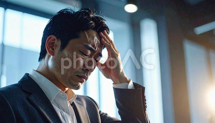 頭を抱えて落ち込む日本人男性 落ち込み,自信喪失,無気力の写真素材