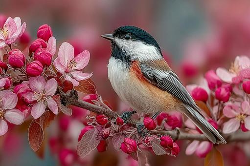 美しいピンクの花と小鳥の春の風景 美しいピンクの花と小鳥の春の風景の写真