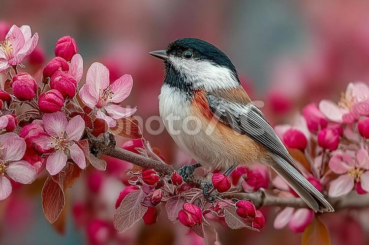 美しいピンクの花と小鳥の春の風景 小鳥,鳥,花の写真素材