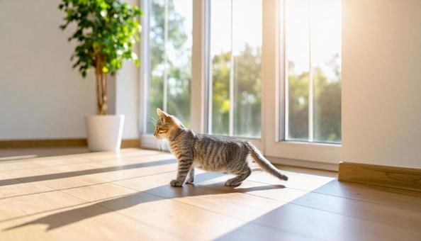 ナチュラルで清潔感のある部屋にいる猫 ナチュラルで清潔感のある部屋にいる猫の写真