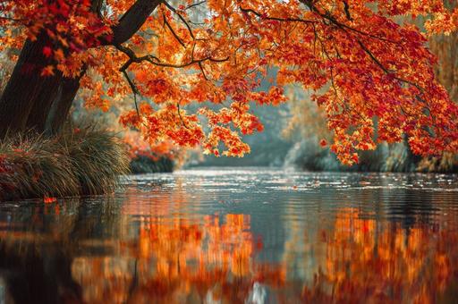 紅葉したもみじと水面 湖 紅葉したもみじと水面 湖の写真