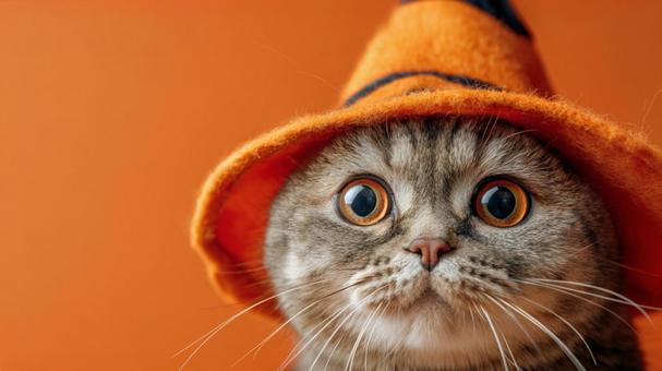 ハロウィン 魔女の帽子を被った猫 ハロウィン 魔女の帽子を被った猫の写真