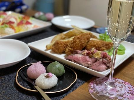 桜餅 餅,ローストビーフ,ワインの写真素材