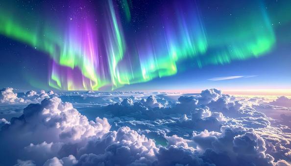 雲海に広がるオーロラの夜空の写真