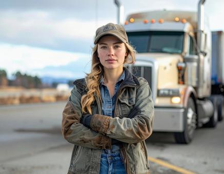トラックの前でポーズをとる女性ドライバー トラックの前でポーズをとる女性ドライバーの写真