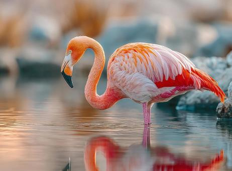 穏やかな水辺に佇む、気品あるフラミンゴ 穏やかな水辺に佇む、気品あるフラミンゴの写真