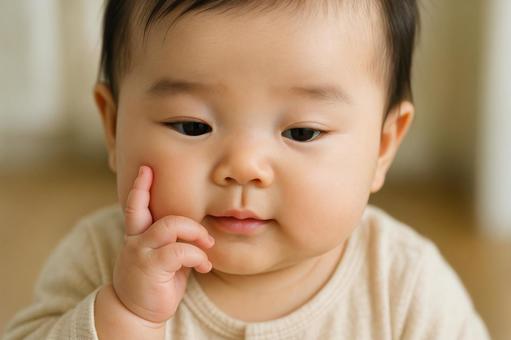 ほっぺを触る赤ちゃん ほっぺを触る赤ちゃんの写真