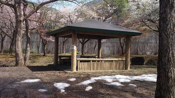 東屋と残雪 東屋,残雪,雪の写真素材