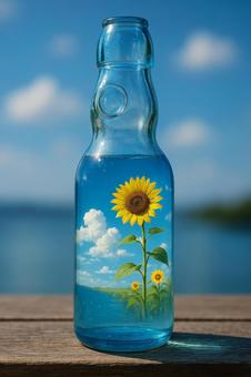 ラムネ瓶と空に咲くヒマワリの写真
