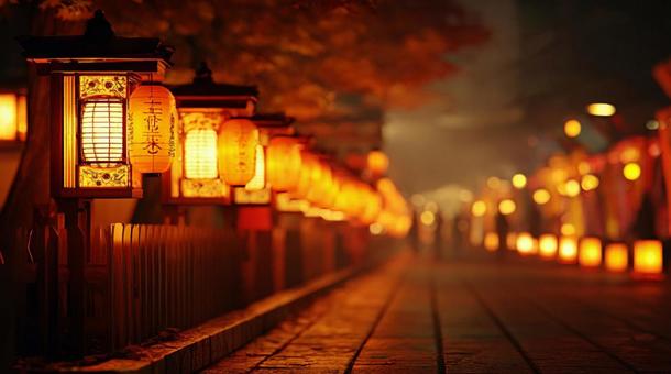 秋祭りのちょうちん並ぶ夜景 秋祭りのちょうちん並ぶ夜景の写真