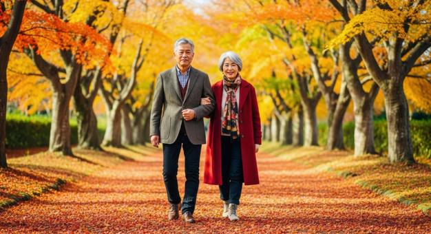 腕を組み紅葉道を散策するシニアカップル 腕を組み紅葉道を散策するシニアカップルの写真
