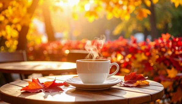 紅葉のカフェ・コーヒーカップのアップ 紅葉のカフェ・コーヒーカップのアップの写真